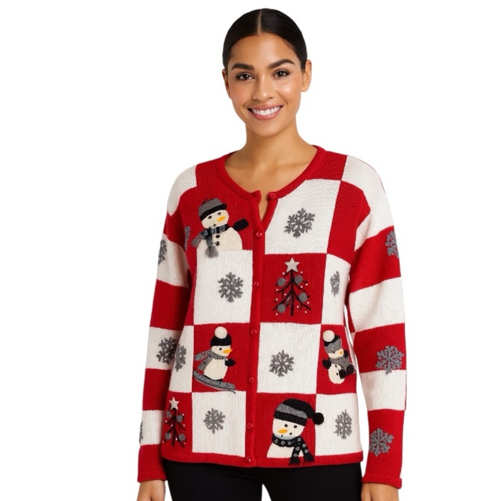 Vintage Marisa Christina Sweater Christmas Red Checkered Knit Cardigan Size XL